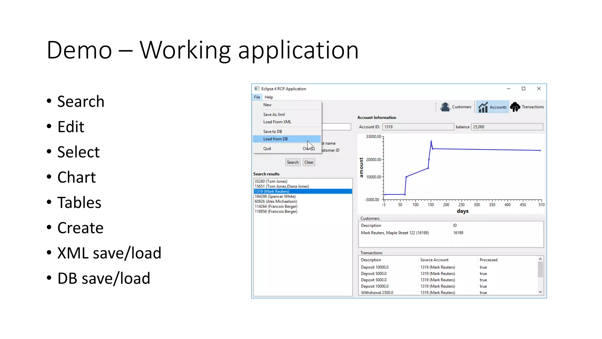 Demo – Working application
• Search
• Edit
• Select
• Chart
• Tables
• Create
• XML save/load
• DB save/load
 