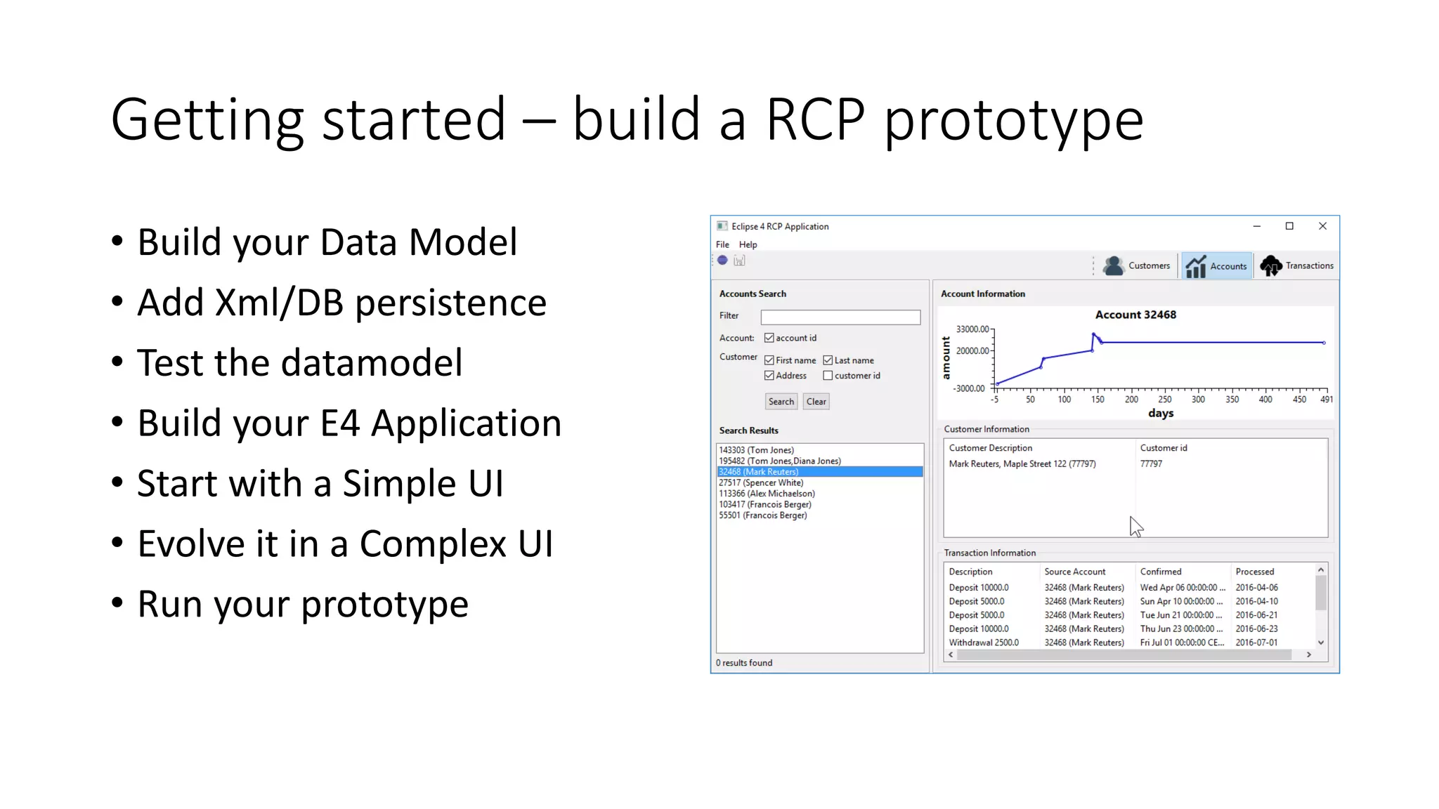 Getting started – build a RCP prototype
• Build your Data Model
• Add Xml/DB persistence
• Test the datamodel
• Build your E4 Application
• Start with a Simple UI
• Evolve it in a Complex UI
• Run your prototype
 