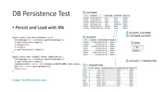 DB Persistence Test
• Persist and Load with JPA
public static void persistDB(Bank bank){
EntityManager em = instance().getEntityManager();
em.getTransaction().begin();
em.merge(bank);
em.flush();
em.getTransaction().commit();
}
public static Bank loadDB() throws JAXBException {
EntityManager em = instance().getEntityManager();
em.getTransaction().begin();
TypedQuery<Bank> query = em.createQuery(SELECT_BANK, Bank.class);
Bank bank = query.getSingleResult();
return bank;
}
Usage: TestPersistence.java
 