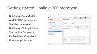 Getting started – build a RCP prototype
• Build your Data Model
• Add Xml/DB persistence
• Test the datamodel
• Build your E4 Application
• Start with a Simple UI
• Evolve it in a Complex UI
• Run your prototype
 