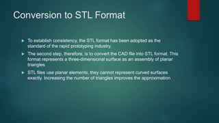 Conversion to STL Format
 To establish consistency, the STL format has been adopted as the
standard of the rapid prototyping industry.
 The second step, therefore, is to convert the CAD file into STL format. This
format represents a three-dimensional surface as an assembly of planar
triangles
 STL files use planar elements, they cannot represent curved surfaces
exactly. Increasing the number of triangles improves the approximation
 