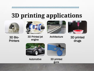 3D printing applications
3D Bio-
Printers
3D Printed jet
engine
Architecture 3D printed
drugs
Automotive 3D printed
guns
 