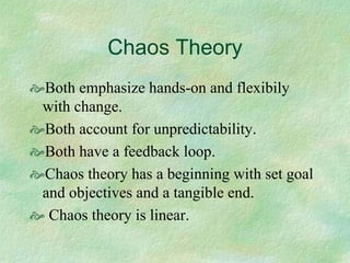 Chaos Theory
Both emphasize hands-on and flexibily
with change.
Both account for unpredictability.
Both have a feedback loop.
Chaos theory has a beginning with set goal
and objectives and a tangible end.
 Chaos theory is linear.
 