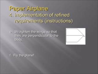 e.  Straighten the wings so that they are perpendicular to the body. f.  Fly the plane! Paper Airplane 4. implementation of refined   requirements (instructions) 