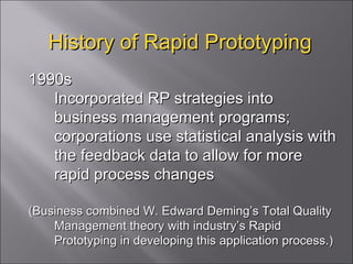 History of Rapid Prototyping 1990s Incorporated RP strategies into business management programs; corporations use statistical analysis with the feedback data to allow for more rapid process changes (Business combined W. Edward Deming’s Total Quality Management theory with industry’s Rapid Prototyping in developing this application process.) 