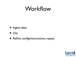 Workﬂow

• Ingest data
• Use
• Reﬁne conﬁg/interactions, repeat
 