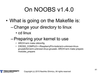 Copyright (c) 2015 Naohiko Shimizu, All rights reserved
41
On NOOBS v1.4.0
• What is going on the Makefile is:
–Change you...