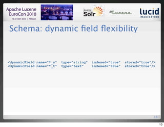 Schema: dynamic ﬁeld ﬂexibility


<dynamicField name="*_s"   type="string"   indexed="true"   stored="true"/>
<dynamicField name="*_t"   type="text"     indexed="true"   stored="true"/>




                                                                          10

                                                                               10
 