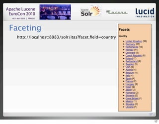 Faceting
 http://localhost:8983/solr/itas?facet.ﬁeld=country




                                                      17

                                                           17
 