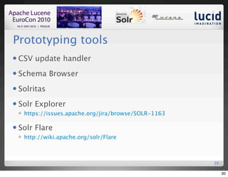 Prototyping tools
   CSV update handler
   Schema Browser
   Solritas
   Solr Explorer
       https://issues.apache.org/jira/browse/SOLR-1163

   Solr Flare
       http://wiki.apache.org/solr/Flare



                                                          30

                                                               30
 