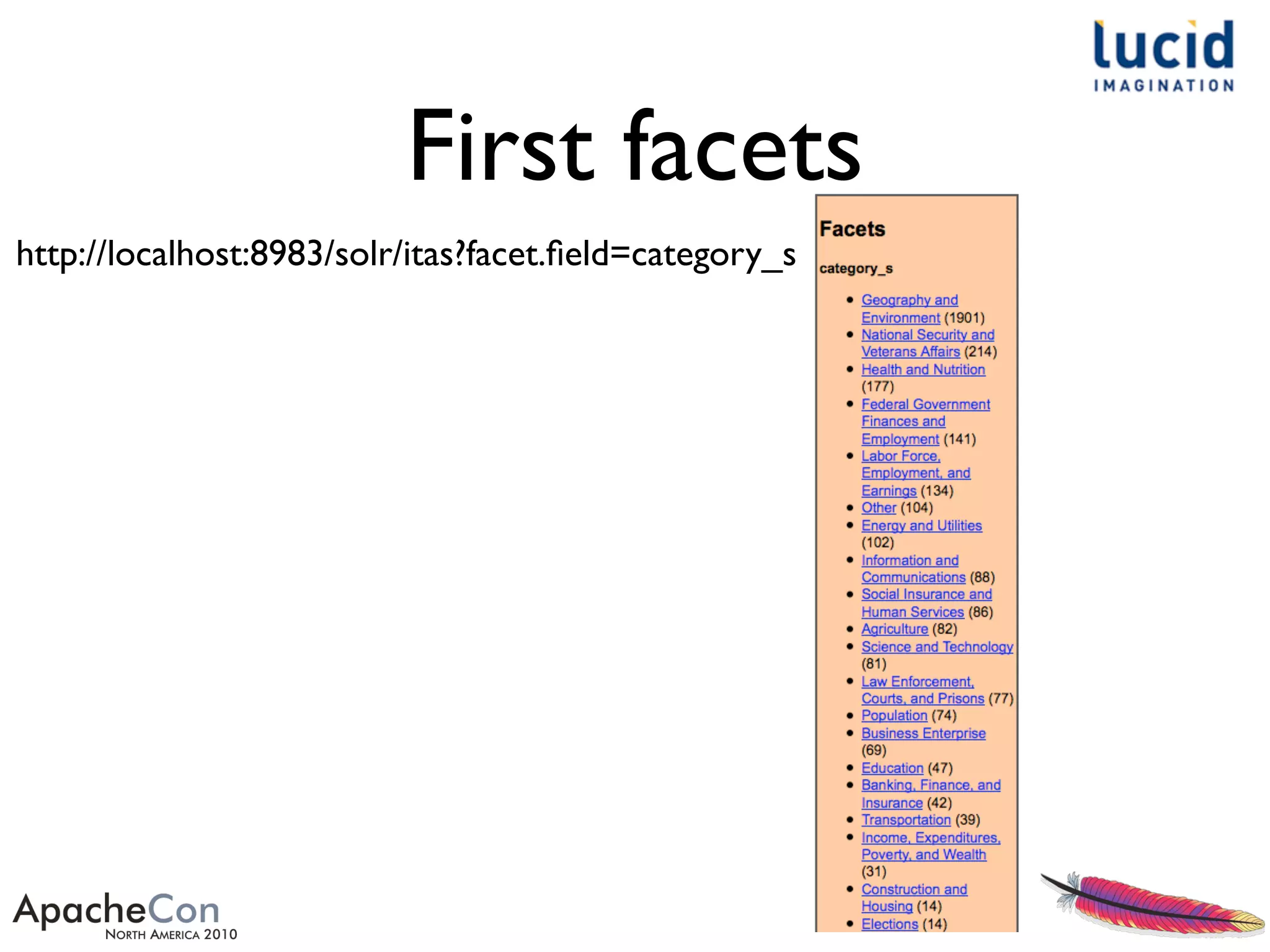 First facets
http://localhost:8983/solr/itas?facet.ﬁeld=category_s
 