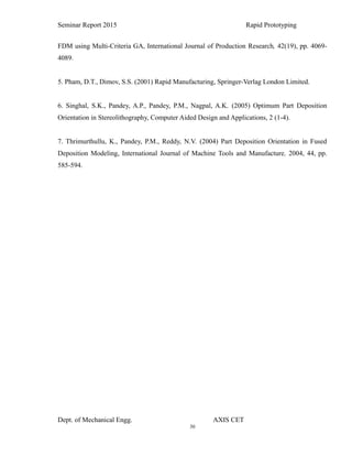 30
Seminar Report 2015 Rapid Prototyping
FDM using Multi-Criteria GA, International Journal of Production Research, 42(19), pp. 4069-
4089.
5. Pham, D.T., Dimov, S.S. (2001) Rapid Manufacturing, Springer-Verlag London Limited.
6. Singhal, S.K., Pandey, A.P., Pandey, P.M., Nagpal, A.K. (2005) Optimum Part Deposition
Orientation in Stereolithography, Computer Aided Design and Applications, 2 (1-4).
7. Thrimurthullu, K., Pandey, P.M., Reddy, N.V. (2004) Part Deposition Orientation in Fused
Deposition Modeling, International Journal of Machine Tools and Manufacture, 2004, 44, pp.
585-594.
Dept. of Mechanical Engg. AXIS CET
 