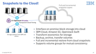 Mon Tue Wed
Full and incremental
snapshot copies
• Interface on-premise block storage into cloud
• IBM Cloud, Amazon S3, O...