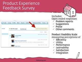 Product Experience
Feedback Survey
Includes:
Open ended responses
ü  Problem reports
ü  Suggestions
ü  Praise
ü  Other comments
Product Usability Scale
measuring perceptions of
ü  Eﬃciency
ü  Utility
ü  Performance
ü  Learnability
ü  Satisfaction
ü  Integration
HotHousing.com 42
 