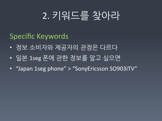 2.	
  키워드를찾아라

Speciﬁc	
  Keywords	
  
• 정보소비자와제공자의관점은다르다	
  
• 일본1seg	
  폰에관한정보를알고싶으면	
  
• “Japan	
  1seg	
  phone”	
  	
  “SonyEricsson	
  SO903iTV”	
  
	
  
 
