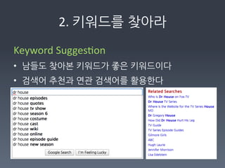 2.	
  키워드를찾아라

Keyword	
  SuggesWon	
  
• 남들도찾아본키워드가좋은키워드이다	
  
• 검색어추천과연관검색어를활용한다	
  
	
  
 