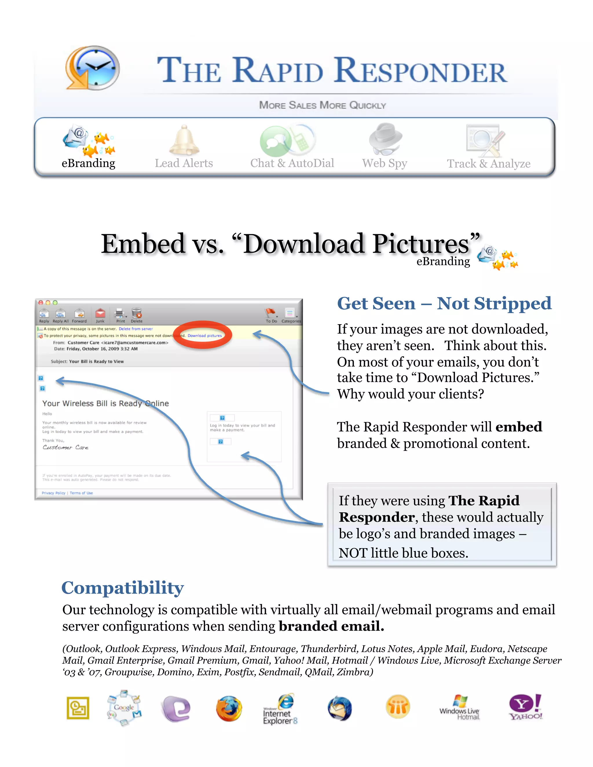eBranding          Lead Alerts
                   Web Spy            Lead Alerts    Track & Analyze
                                       Chat & AutoDial     Web Spy                 Track & Analyze




        Embed vs. “Download Pictures”
                                eBranding


                                                           Get Seen – Not Stripped  
                                                           If your images are not downloaded,
                                                           they aren’t seen. Think about this.
                                                           On most of your emails, you don’t
                                                           take time to “Download Pictures.”
                                                           Why would your clients?

                                                           The Rapid Responder will embed
                                                           branded & promotional content.



                                                           If they were using The Rapid
                                                           Responder, these would actually
                                                           be logo’s and branded images –
                                                           NOT little blue boxes.

Compatibility 
Our technology is compatible with virtually all email/webmail programs and email
server configurations when sending branded email.
(Outlook, Outlook Express, Windows Mail, Entourage, Thunderbird, Lotus Notes, Apple Mail, Eudora, Netscape
Mail, Gmail Enterprise, Gmail Premium, Gmail, Yahoo! Mail, Hotmail / Windows Live, Microsoft Exchange Server
‘03 & ’07, Groupwise, Domino, Exim, Postfix, Sendmail, QMail, Zimbra)
 