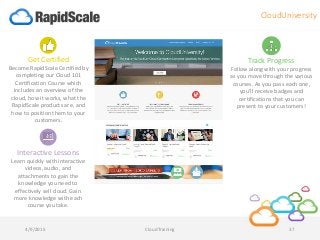 4/9/2015 CloudTraining 37
Get Certified
Become RapidScale Certified by
completing our Cloud 101
Certification Course which
includes an overview of the
cloud, how it works, what the
RapidScale products are, and
how to position them to your
customers.
Interactive Lessons
Learn quickly with interactive
videos, audio, and
attachments to gain the
knowledge you need to
effectively sell cloud. Gain
more knowledge with each
course you take.
Track Progress
Follow along with your progress
as you move through the various
courses. As you pass each one,
you’ll receive badges and
certifications that you can
present to your customers!
CloudUniversity
 
