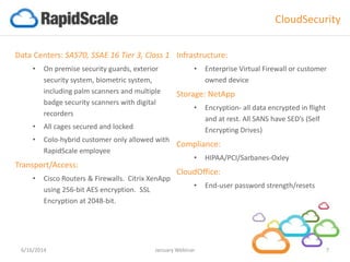 4/9/2015 CloudTraining 7
Data Centers:
SAS70, SSAE 16 Tier 3, Class 1
• On premise security guards, exterior
security system, biometric system, including
palm scanners and multiple badge security
scanners with digital recorders
• All cages secured and locked
• Colo-hybrid customer only allowed with
RapidScale employee
Transport/Access:
• Cisco Routers & Firewalls. Citrix
XenApp using 256-bit AES encryption.
SSL Encryption at 2048-bit
government-grade encryption.
Infrastructure:
• Enterprise Virtual Firewall or
customer owned device
Storage: NetApp
• Encryption- all data encrypted in
flight and at rest. All SANS have
SED’s (Self Encrypting Drives)
Compliance:
• HIPAA
• PCI
• Sarbanes-Oxley (SOX)
• SSAE 16
CloudOffice:
• End-user password
strength/resets
CloudSecurity
 