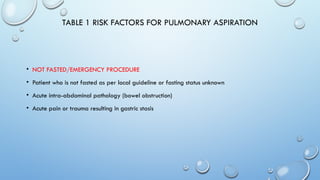 TABLE 1 RISK FACTORS FOR PULMONARY ASPIRATION
• NOT FASTED/EMERGENCY PROCEDURE
• Patient who is not fasted as per local guideline or fasting status unknown
• Acute intra-abdominal pathology (bowel obstruction)
• Acute pain or trauma resulting in gastric stasis
 