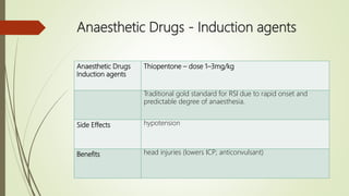 Anaesthetic Drugs - Induction agents
Anaesthetic Drugs
Induction agents
Thiopentone – dose 1–3mg/kg
Traditional gold standard for RSI due to rapid onset and
predictable degree of anaesthesia.
Side Effects hypotension
Benefits head injuries (lowers ICP; anticonvulsant)
 