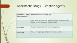 Anaesthetic Drugs - Sedation agents
Anaesthetic Drugs -
Sedation agents
Midazolam – dose 0.15mg/kg
Slow onset of action and hypotension has resulted in it no
longer being considered suitable for RSI.
Side Effects Has amnestic and anticonvulsant properties.
Advantage Useful in ongoing sedation of ventilated patient.
 