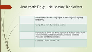 Anaesthetic Drugs - Neuromuscular blockers
Rocuronium – dose 1-1.5mg/kg (in RSI); 0.15mg/kg (Ongoing
Relaxation)
Competitive, non-depolarizing blocker.
Indications as above but more rapid onset makes it an attractive
option where suxamethonium contraindicated and rapid
intubation conditions desirable.
Intubating conditions in 60 sec.
 