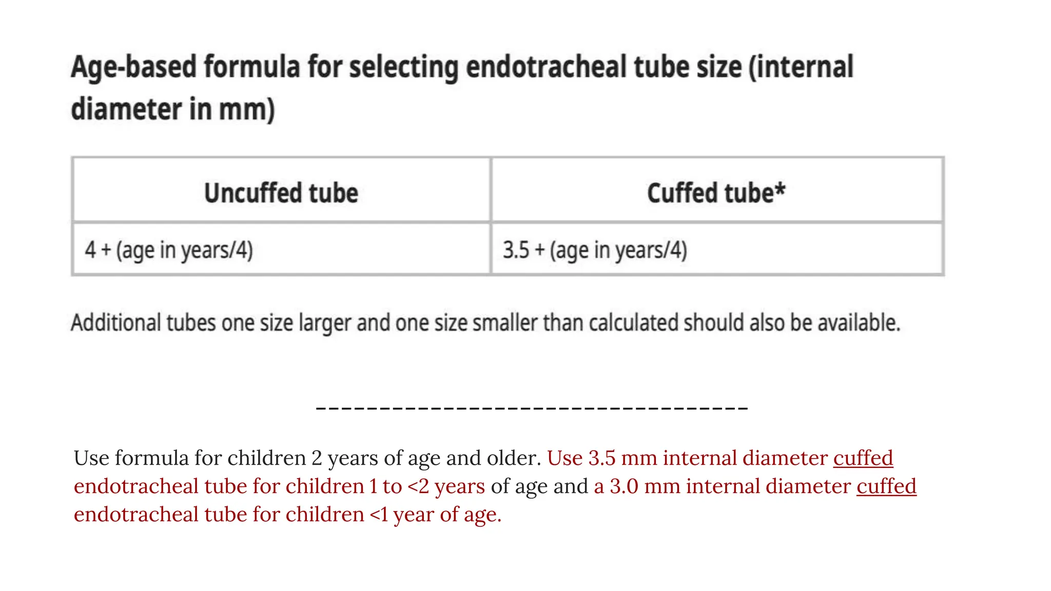 ----------------------------------
Use formula for children 2 years of age and older. Use 3.5 mm internal diameter cuffed
endotracheal tube for children 1 to <2 years of age and a 3.0 mm internal diameter cuffed
endotracheal tube for children <1 year of age.
 