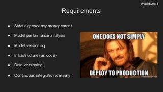 Requirements
● Strict dependency management
● Model performance analysis
● Model versioning
● Infrastructure (as code)
● D...