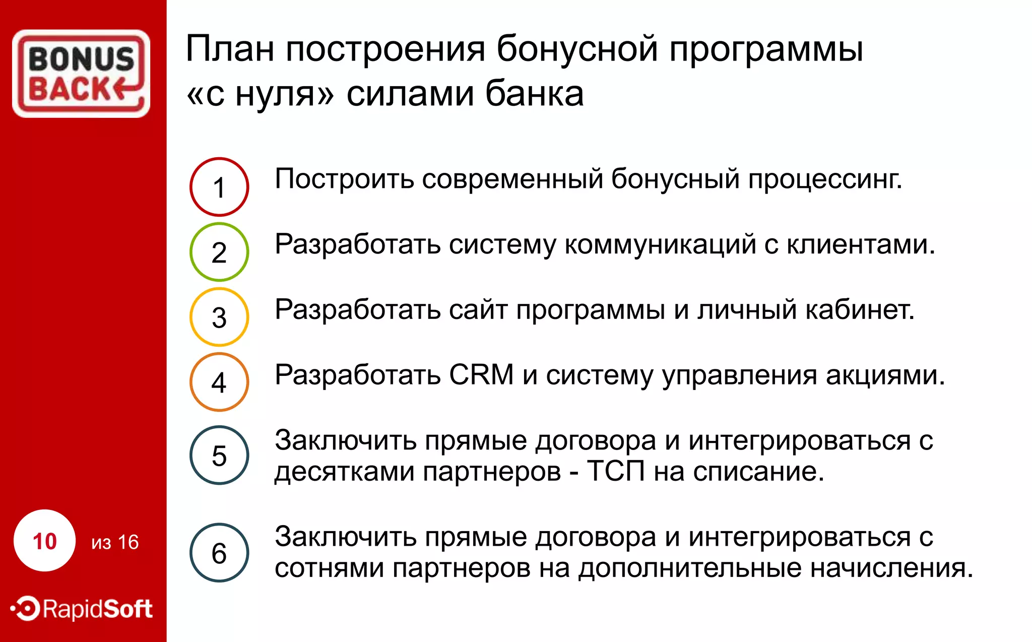 План построения бонусной программы
«с нуля» силами банка
1

2

Разработать сайт программы и личный кабинет.

4

Разработать CRM и систему управления акциями.

5
из 16

Разработать систему коммуникаций с клиентами.

3

10

Построить современный бонусный процессинг.

Заключить прямые договора и интегрироваться с
десятками партнеров - ТСП на списание.

6

Заключить прямые договора и интегрироваться с
сотнями партнеров на дополнительные начисления.

 