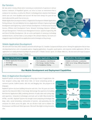 Our Services:
We take pride in being ethical and in nurturing an environment of openness in all our
business endeavors. At RapidSoft Systems, we strive to create an environment that is

W2.0
Application

conducive for new ideas, as well as for efficient, technology driven solutions that help our
Mobile
Application

clients save cost, meet deadlines and succeed. We have been doing it for years for our

Custom
Software
Development

clients all around the world. Our services are:
Mobile Applications Development,Web 2.0 Application Development,Mobile Applications
Mobile

Porting,Software Test and Validation Services,Applications Software Engineering,Product Applications
Porting
Development and Engineering, Custom Software Development, IT Infrastructure Security

Rapidsoft
Systems
Development Network
Services Technology
Solutions

Services, Offshore Joint Development Teams, Network Technology Solutions, Software
Software
Test &
Validation

Lifecycle Management, IT Infrastructure Management Services, Systems Engineering, IPR
and Patent Portfolio Development. We are active participants in numerous technology

Systems
Engineering

standards forums, and that makes us very unique in the software Industry. Our teams are
engaged in experimenting with new applications and technologies as they emerge.

Mobile Application Development
We work with more than 2500+ handsets and work with all major US, Canadian, European and Asian carriers. Among the applications that we have
developed/ported are some very popular games, mapping applications, city guides, puzzle games, and corporate mobile applications. All these
applications are widely distributed by Major US carriers (ATT, T-Mobile, Verizon, Sprint, US Cellular, Alltel etc.). We also work with major European
carriers such as Vodafone, Orange, T-Mobile etc.

Design & Development
Mobile Application Development.
Test Design
White Box Testing

Application Development

Mobile Application Porting
Port Evaluation, Code Refactor
Port Design, Handset Testing,
Pre-Compliance Testing

Mobile Certification, Localization
SMS, Server Setup, Billing Integration
Re-Test

Our Mobile Development and Deployment Capabilities

Web 2.0 Application Development
Rapidsoft Systems, we have been working at cutting edge of web 2.0 applications. We
have designed cutting edge AJAX driven Web 2.0 Social networking portals, ecommerce portals, bulletin boards, wiki sites and blogging sites. We program in all
languages

Content
Management

Web 2.0
E-Commerce

Rapidsoft Systems has been building interactive web sites. Over the years our team's
expertise has matured in Web 2.0 site design. We leverage this experience for building
Rich Internet Applications (RIA) combining elements of audio-video and cutting edge

Wikis

web experience. Using latest technologies and tools such as AJAX, Macromedia Flex,

Our
Development

Web Forums

XHTML, and XML, Rapidsoft Systems has brought social computing technologies like
blogs, wikis, social networking, communities of practice, and podcasting into the
enterprise for clients across the globe. We use all latest tools such as Adobe CS4,
Dreamweaver and Microsoft Web Expression, Microsoft Silverlight to bring innovative

Web Portals

Usability
Improvements

Web
Security

sites.

3

 