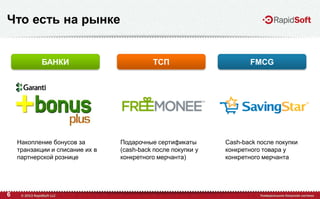 6
Что есть на рынке
Подарочные сертификаты
(cash-back после покупки у
конкретного мерчанта)
Сash-back после покупки
конкретного товара у
конкретного мерчанта
Накопление бонусов за
транзакции и списание их в
партнерской рознице
БАНКИ ТСП FMCG
 
