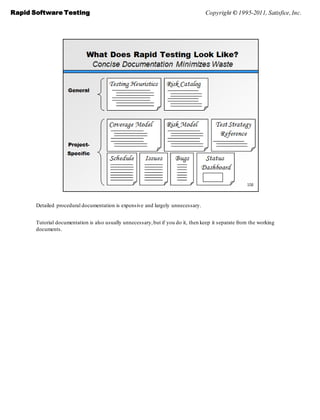 Rapid Software Testing                                                             Copyright © 1995-2011, Satisfice, Inc.




       Detailed procedural documentation is expensive and largely unnecessary.


       Tutorial documentation is also usually unnecessary, but if you do it, then keep it separate from the working
       documents.
 