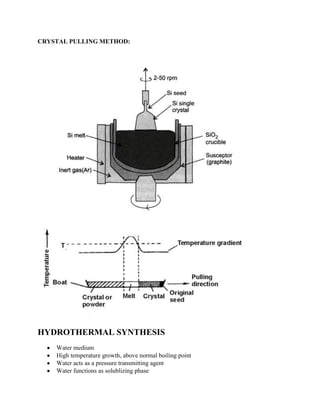 CRYSTAL PULLING METHOD:

HYDROTHERMAL SYNTHESIS
Water medium
High temperature growth, above normal boiling point
Water acts as a pressure transmitting agent
Water functions as solublizing phase

 