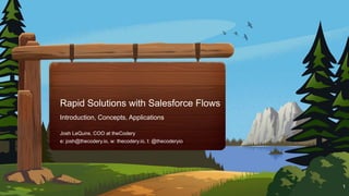 Josh LeQuire, COO at theCodery
Rapid Solutions with Salesforce Flows
Introduction, Concepts, Applications
e: josh@thecodery.io, w: thecodery.io, t: @thecoderyio
1
 