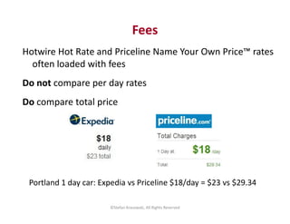 Fees 
Hotwire Hot Rate and Priceline Name Your Own Price™ rates 
often loaded with fees 
Do not compare per day rates 
Do ...