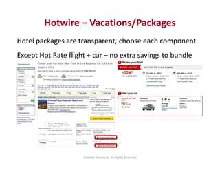 Hotwire – Vacations/Packages 
Hotel packages are transparent, choose each component 
Except Hot Rate flight + car – no ext...