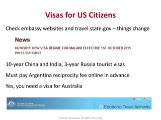 Visas for US Citizens
Check embassy websites and travel.state.gov – things change
10-year China and India, 3-year Russia t...