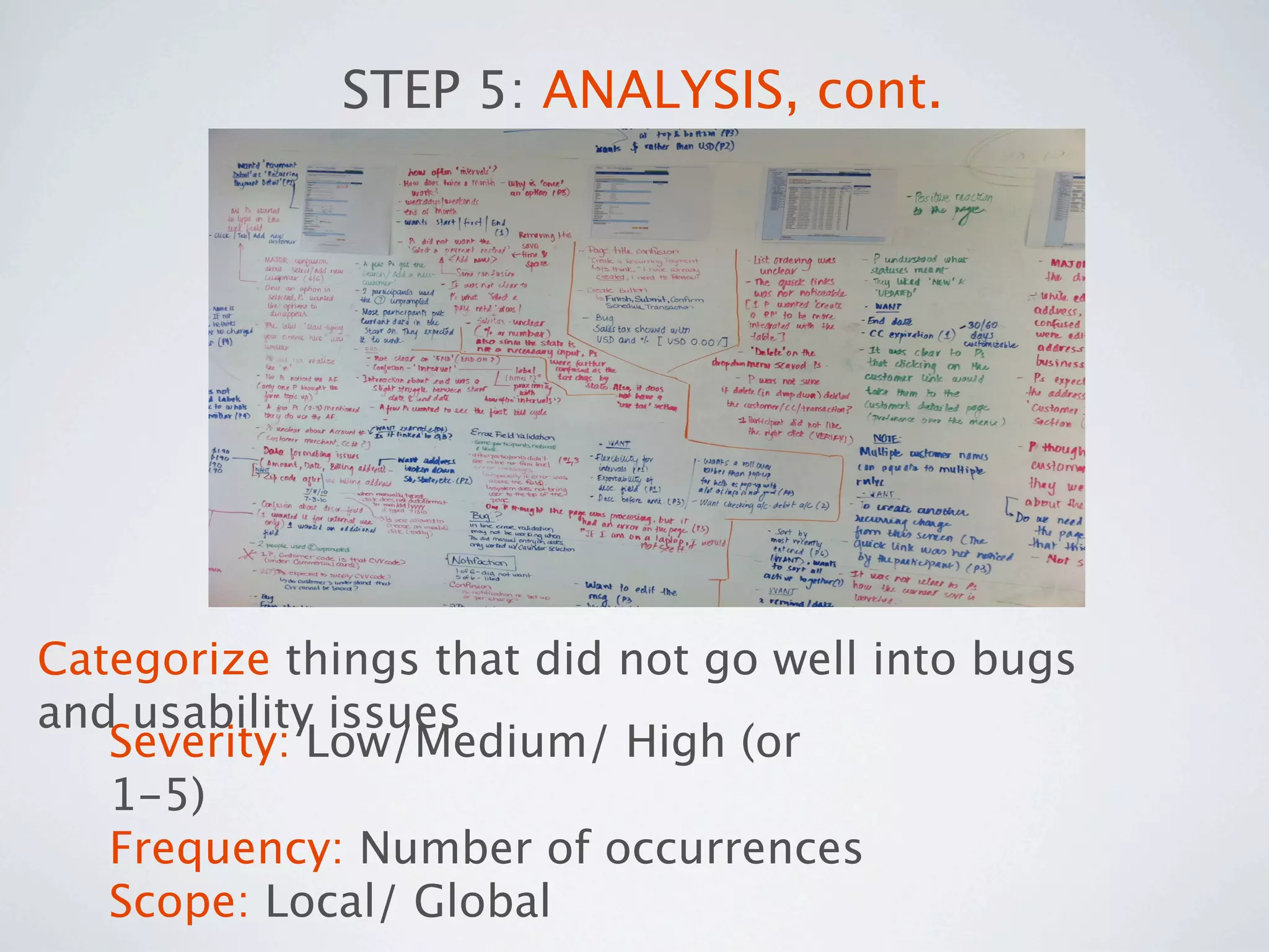 STEP 5: ANALYSIS, cont.




Categorize things that did not go well into bugs
and usability issues
   Severity: Low/Medium/ High (or
   1-5)
   Frequency: Number of occurrences
   Scope: Local/ Global
 