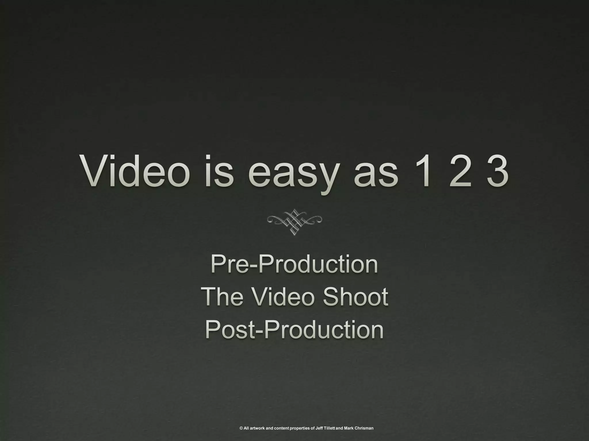 Video is easy as 1 2 3 Pre-ProductionThe Video ShootPost-Production
