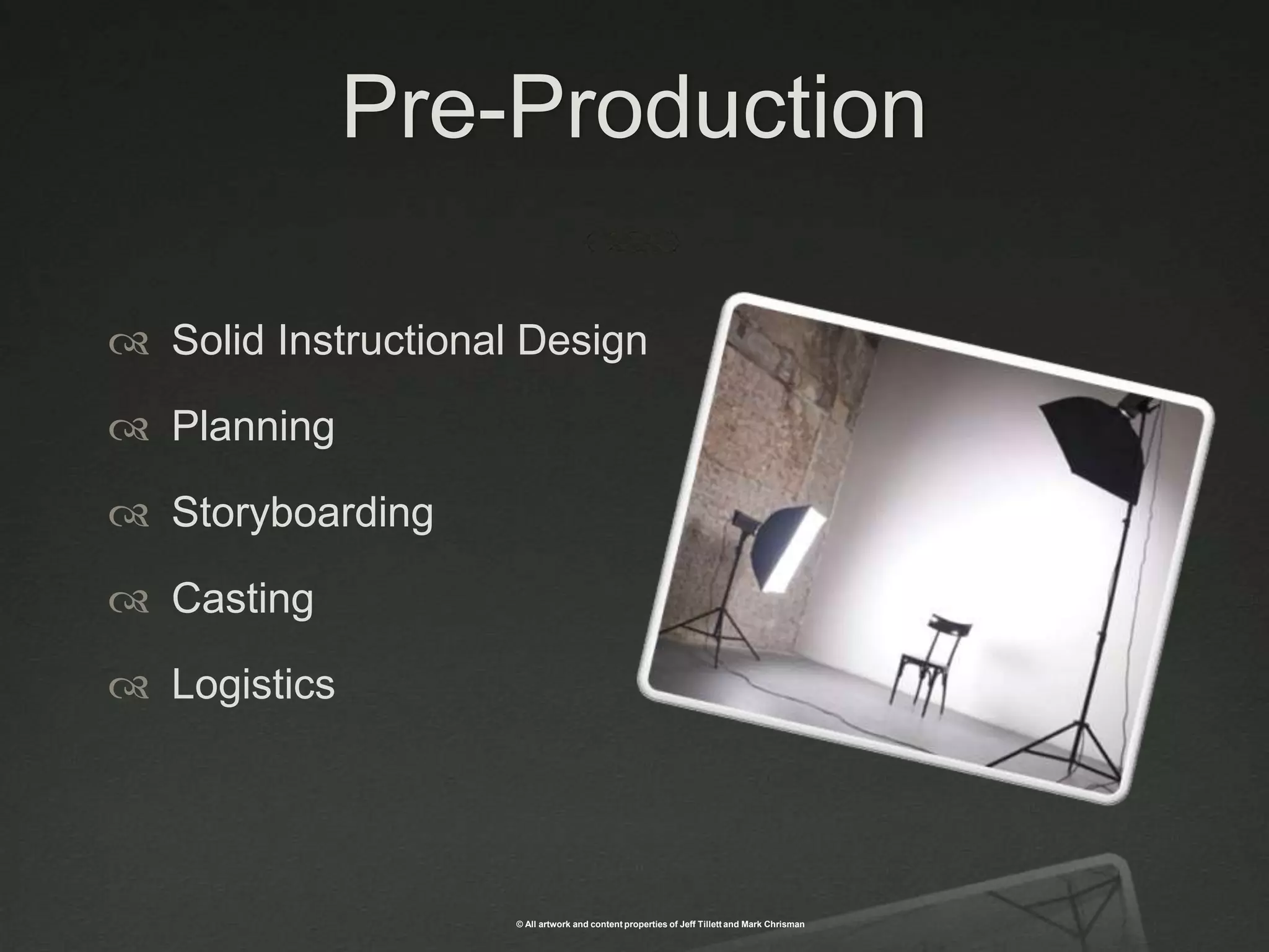 Pre-ProductionSolid Instructional DesignPlanning StoryboardingCastingLogistics