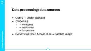 The
Peak
of
Data
Integration
20
23
Data processing: data sources
● CEMS → vector package
● DWD WFS
○ → Windspeed
○ → Precipitation
○ → Temperature
● Copernicus Open Access Hub → Satellite image
 
