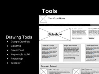 Tools
Drawing Tools
● Google Drawings
● Balsamiq
● Power Point
● Keynotopia toolkit
● Photoshop
● Ilustrator
 