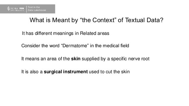 Text in the
Data Lakehouse
What is Meant by “the Context” of Textual Data?
It has different meanings in Related areas
Consider the word “Dermatome” in the medical field
It means an area of the skin supplied by a specific nerve root
It is also a surgical instrument used to cut the skin
 