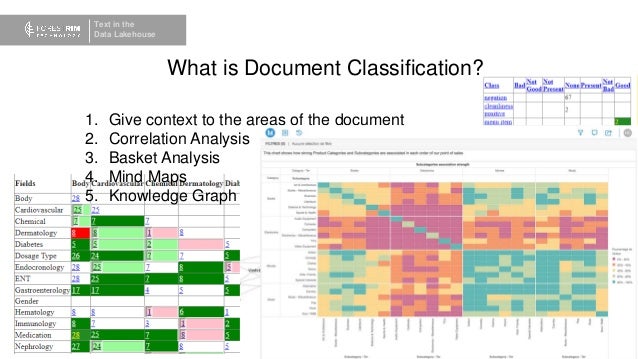 Text in the
Data Lakehouse
What is Document Classification?
1. Give context to the areas of the document
2. Correlation Analysis
3. Basket Analysis
4. Mind Maps
5. Knowledge Graph
 