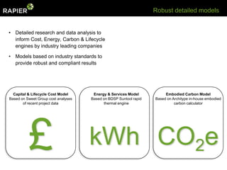Robust detailed models


• Detailed research and data analysis to
  inform Cost, Energy, Carbon & Lifecycle
  engines by industry leading companies

• Models based on industry standards to
  provide robust and compliant results




  Capital & Lifecycle Cost Model      Energy & Services Model           Embodied Carbon Model
Based on Sweet Group cost analyses   Based on BDSP Suntool rapid   Based on Architype in-house embodied
       of recent project data               thermal engine                   carbon calculator




          £                          kWh CO2e
 