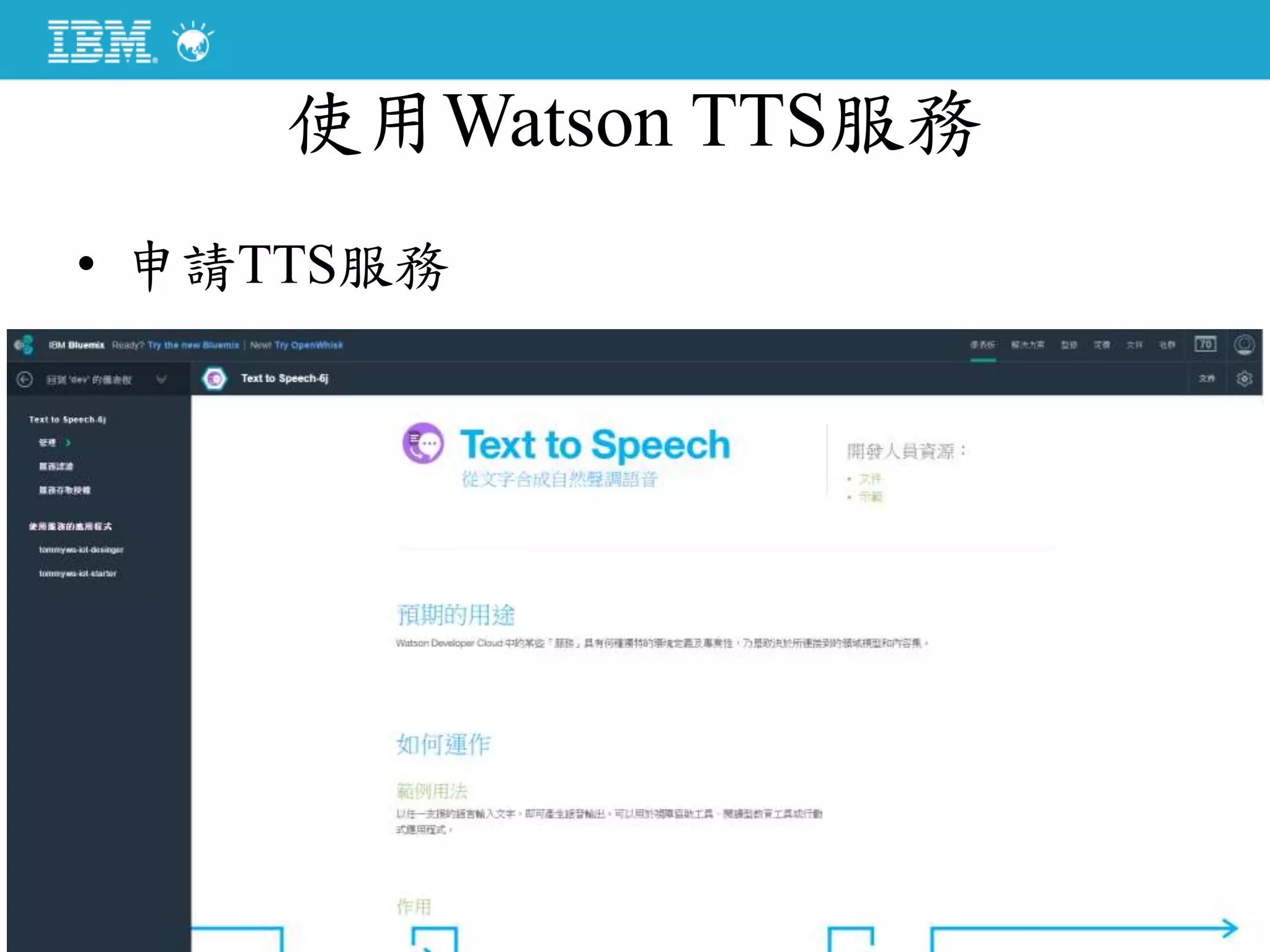 使用Watson TTS服務
• 申請TTS服務
 