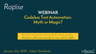 ®
WEBINAR
Codeless Test Automation:
Myth or Magic?
January 31st, 2019 – Adam Sandman
We will be starting the webinar shortly, please stand by…
All phones will be automatically on mute until the Q&A.
 