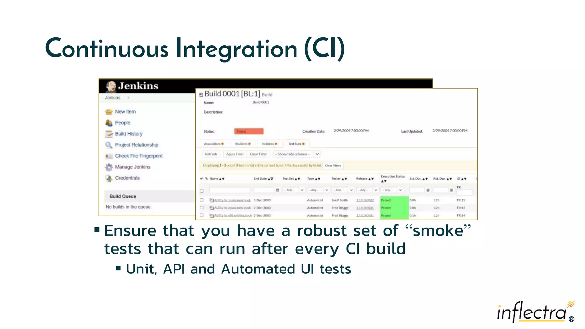 ®
®
Continuous Integration (CI)
 Ensure that you have a robust set of “smoke”
tests that can run after every CI build
 Unit, API and Automated UI tests
 