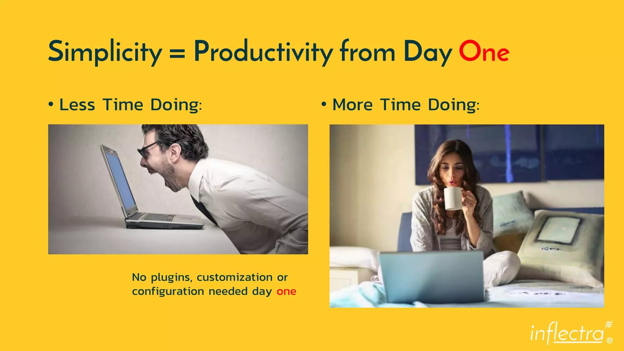 ®
Simplicity = Productivity from Day One
• Less Time Doing: • More Time Doing:
No plugins, customization or
configuration needed day one
 